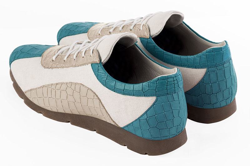Turquoise blue and pure white women's three-tone elegant sneakers. Round toe. Flat rubber soles. Rear view - Florence KOOIJMAN